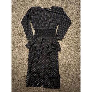 Vintage Blondie & Me Black Polka Dot Dress w/ Shirred Skirted Waist Sz 3/4